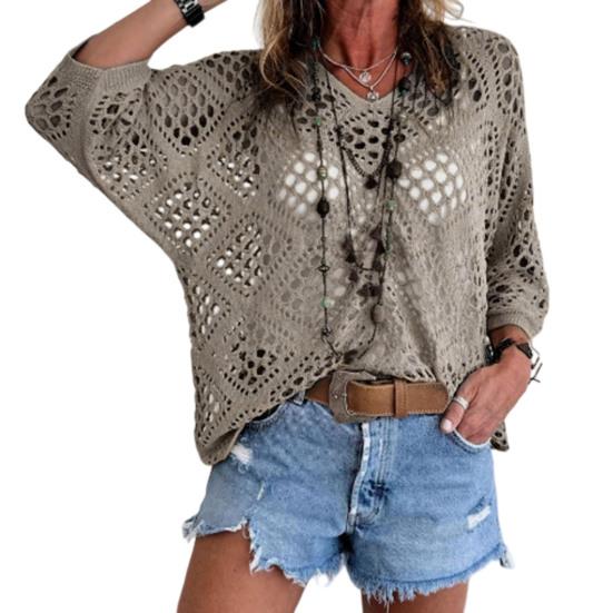 

Women Tops V-Neck Three-quarter Sleeves Loose Fit Knitted Tops Pure Color Hollow Design Summer Casual Blouse XXL хакі