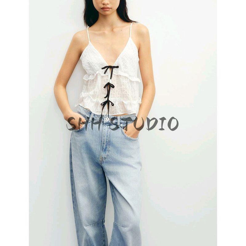 Summer New Product Women's Clothes Ins Style Laminated Decoration Cute Contrast Color Bowknot Decoration Sling Tops 3666112