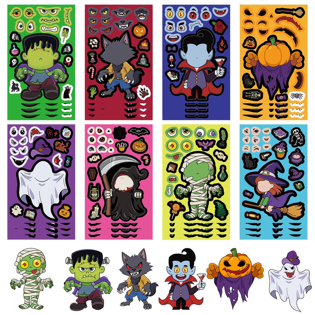 32Sheets Halloween Make a Face Puzzle PVC Sticker Kids Party Favors Gift Toy DIY Pumpkin Ghost Assemble Jigsaw Educational Game