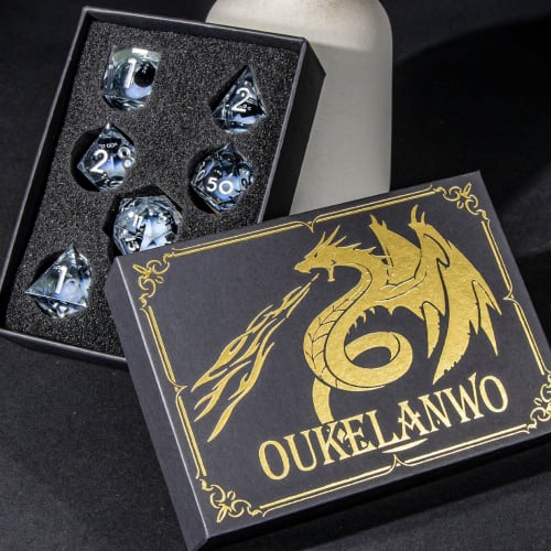 OUKELANWO Cat Liquid Core DND Dice Set, 7 White Resin D&D Dice, Sharp Edge Roleplaying Dice, D20, D12, D10, D8, D6, D4