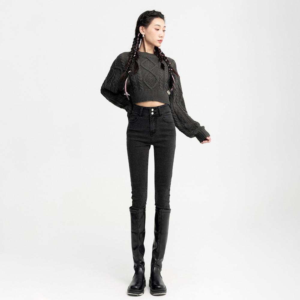 Double-buckle Elastic High-waisted Small-footed Jeans for Women's 2025 Autumn and Winter New Leggings, Pencil Jeans Look Thin