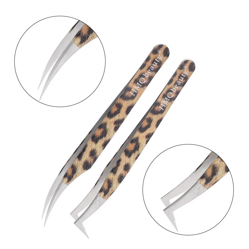 2Pcs Leopard Lash Tweezers Stainless Steel Superhard Tweezer 3D Volume Accurate Anti-Static Eyelash Extension Clip Beauty Tools