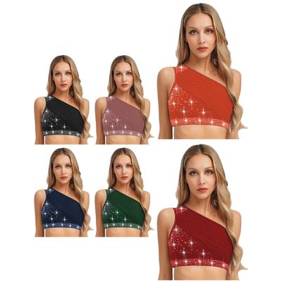 Womens Lyrical Dance Costume One Shoulder Ruched Mesh Overlay Rhinestones Crop Top Modern Dancewear