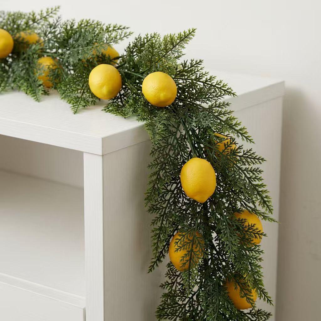 Artificial Cedar Lemon Garland 5.74Ft 175cm Realistic PVC Fabric Green Foliage with Yellow Lemons Indoor Decor