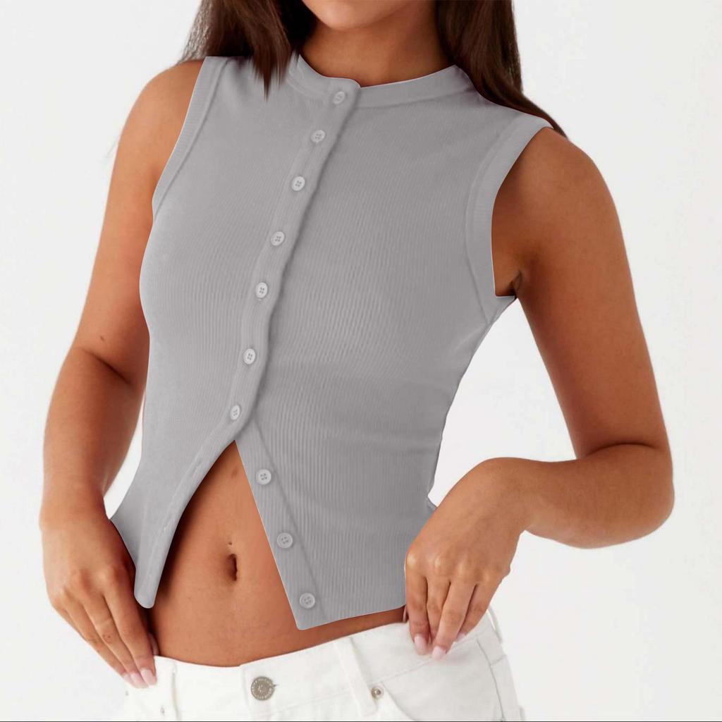 Women's Fashionable Casual Slim Fit Short Ribbed Sleeveless Button-Up Vest T-Shirt