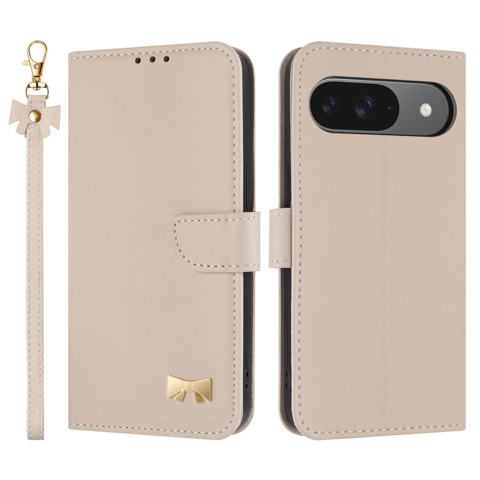 

Phone Case For Google Pixel 10/10 Pro/9/9 Pro Bowknot Decor Wallet Leather Cover with Wrist Strap Khaki