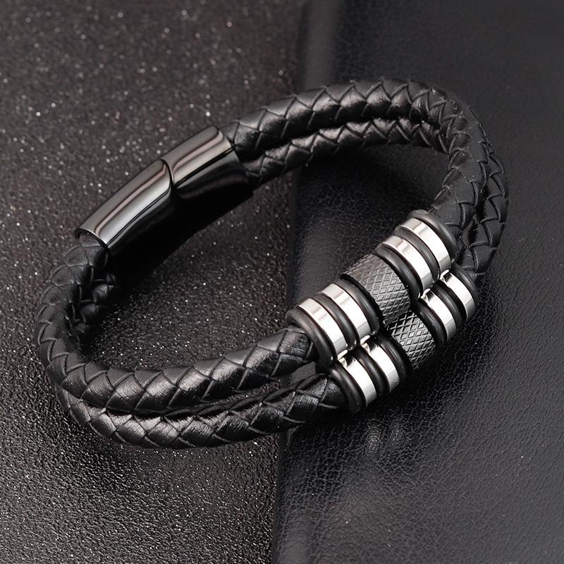 Stainless Steel Accessories Multi-layer Hip Hop Rock Style Black Color Men's Leather Bracelet New Year Gift