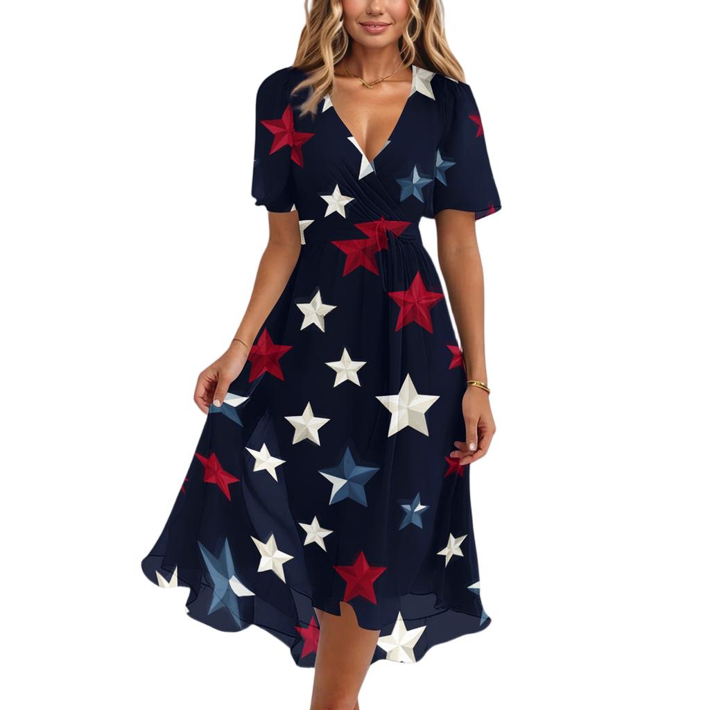 Damen V-Ausschnitt Kurzarm Midi Kleid mit Feuerwerk und Flaggenprint Sommer A-Linie Lässig Fließend Leichtes Kleid