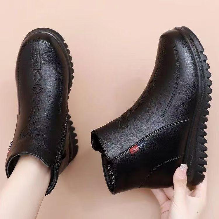 Damen Übergröße Leder Weiche Sohle Erhöhte Höhe Winter Warm Fell Schneestiefel Gepolstert Gefüttert Stiefeletten Rutschfest Wandern Lässig Sport Baumwollstiefel