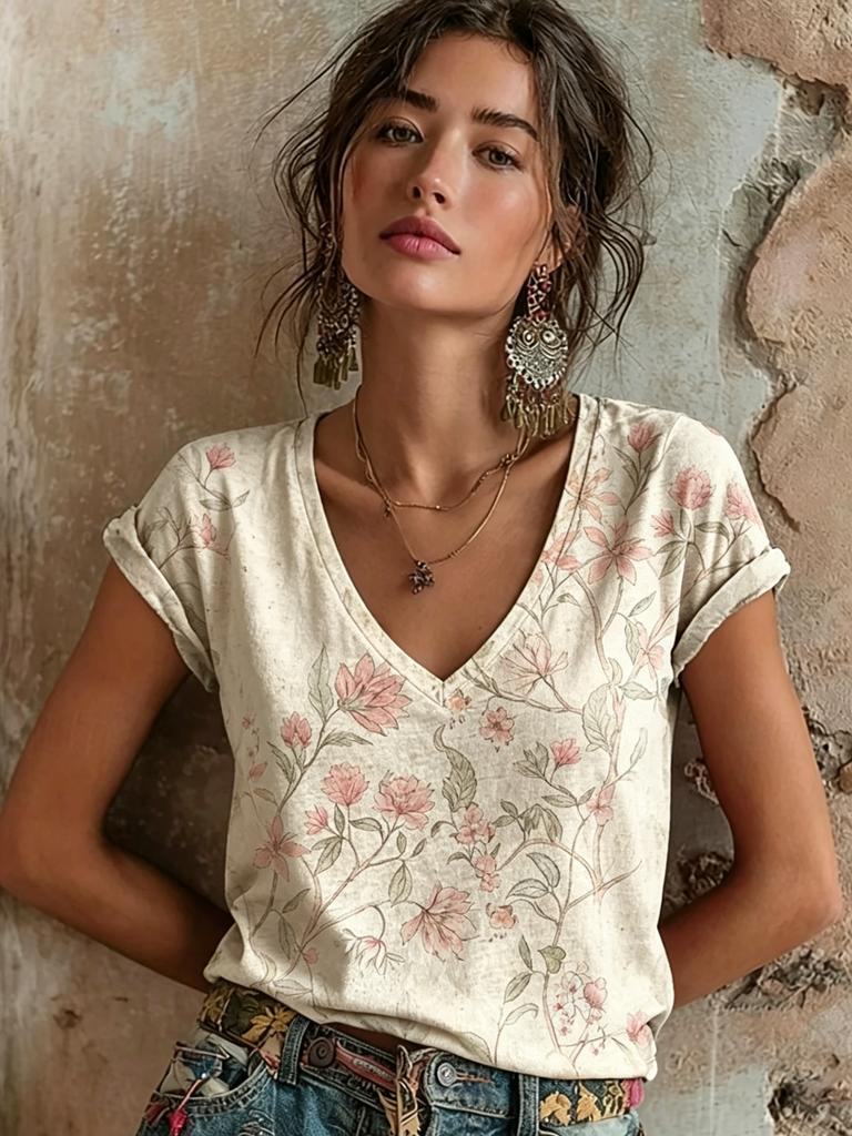 Damen Vintage Orange Floral Rankenprint V-Ausschnitt T-Shirt, Lässige Kurzarm Tops, Retro Boho Tägliche Kleidung für Frühling & Sommer