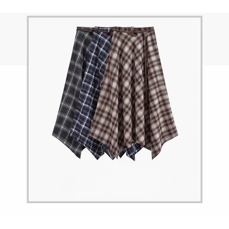 Autumn Retro Plaid Skirt Women High Waist A Line Midi Length Irregular Hem Vintage Fashion