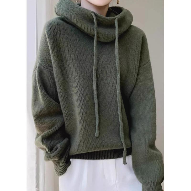 Hooded Drawstring Sweater Women's Autumn and Winter Solid Color Lazy Simple New Thick Loose Casual Pile Neck Knitted Sweater