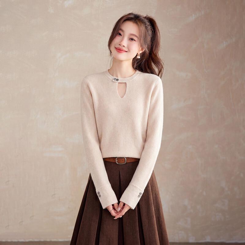 Shexi Women's 100% Cashmere Knit Sweater with Hollow Details