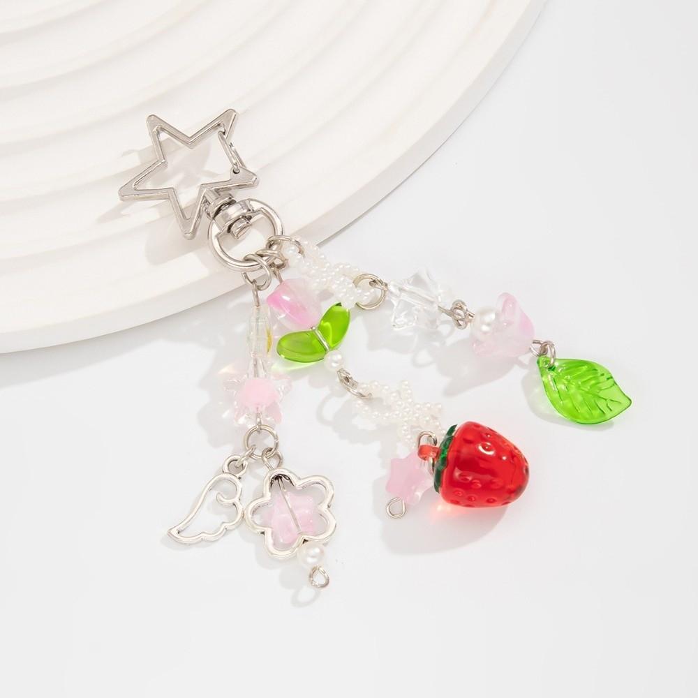 Strawberry Design Beaded Phone Chain Cute Flower Bag Charm Keychain Strap Coquettish Style