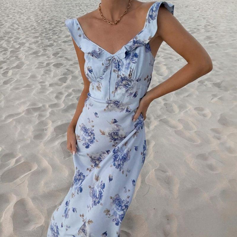 

Fashion 2025 Summer New Arrival Women s Clothing Sexy Low Cut Sexy Vacation Style Retro Print Silm Sling Dress Blue L