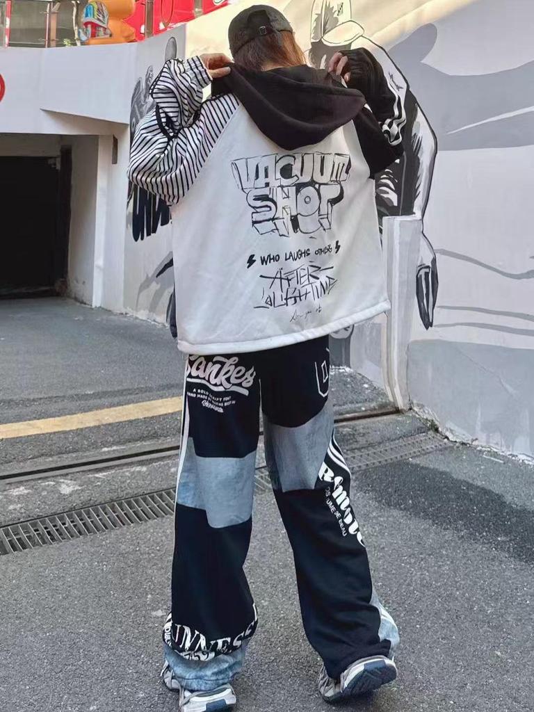 European-Style Women's Spring 2026 Patchwork Denim Windbreaker Jacket with Letter Print