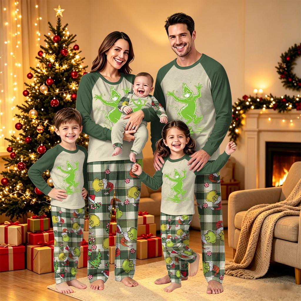 Matching Family Christmas Loungewear Set, Long Sleeve Neck Printed Top and Pants for Men Women and Kids