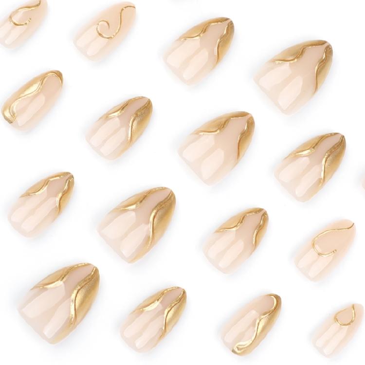 24 Pieces Almond Press On Nail Glossy Acrylic Nail With Gold Line Designs Nail Accesories Stick On Nail For Women Girls