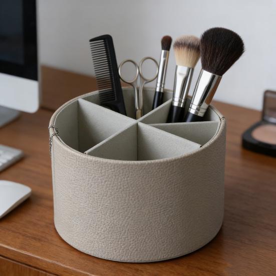 Rotating Pencil Holder Round Pen Organizer Slots Multifunctional Desk with 4 Faux Leather Accessories Organizer