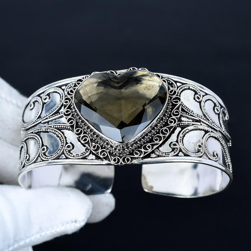 Smoky Topaz Heart Gemstone Bracelet, Bangle Adjustable Bracelet, 925 Sterling Silver Jewelry, Engagement Gift, Smoky Topaz Bracelet Birthday Gift