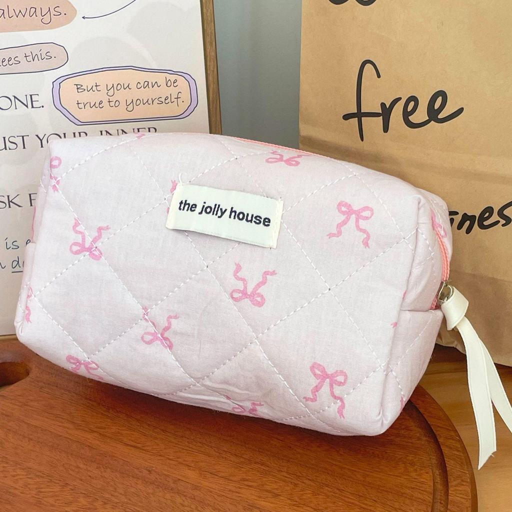Sweet Pink Ribbon Octagonal Quilted Makeup Bag - Korean Style