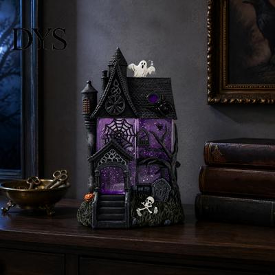 Unique Holiday Souvenir Gift Gothic Resin Glitter Village Decoration, Halloween Haunted House Figurine with Purple Collectible Tabletop Decor Windows,