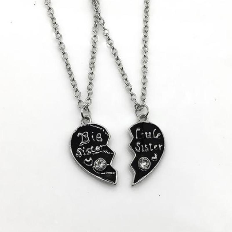 1 Çift Sisters Kolye Uzun Zincir Kolye Kırık Kalp Bulmaca Takı Tılsımları