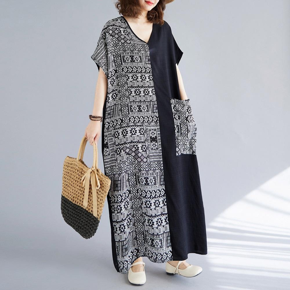 Short sleeve Plus size vintage Patchwork new in dresses for women casual loose long summer dress