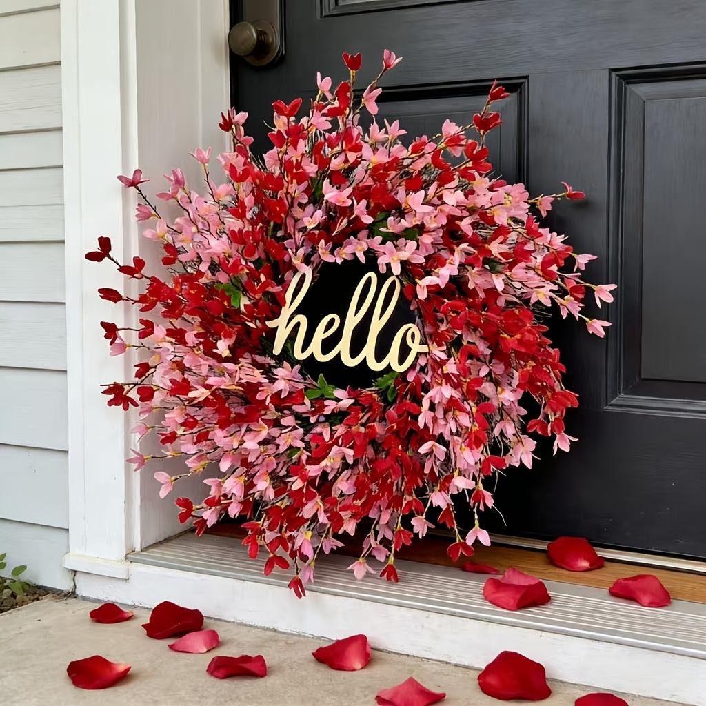 Valentine's Day Wreath Pink and Red Artificial Floral Wreath, Paired with a 'Hello' Sign Wooden Plaque Decoration