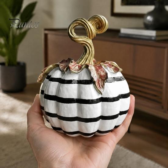 Halloween Pumpkin Decor Black And White Striped Ornament, Retro Style Resin Sturdy Indoor Desktop Decoration Tabletop Centerpiece, Ornament
