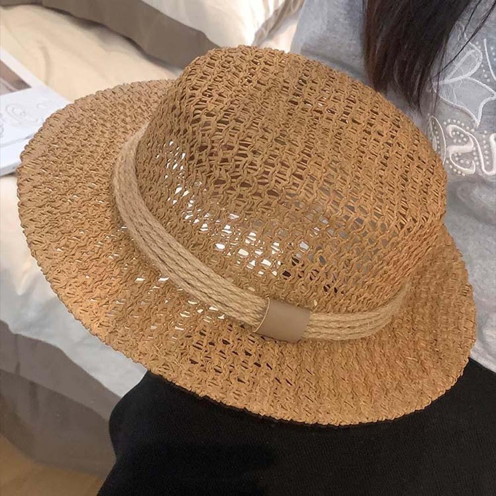 Lightweight Straw Boater Hat Breathable Mesh Flat Top Beach Hat Handwoven Sun Cap  Beach Vacation