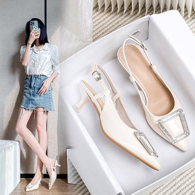 High Heel Rear Empty Rhinestone Sandals Women's New Pointed Low Heel Single Shoes