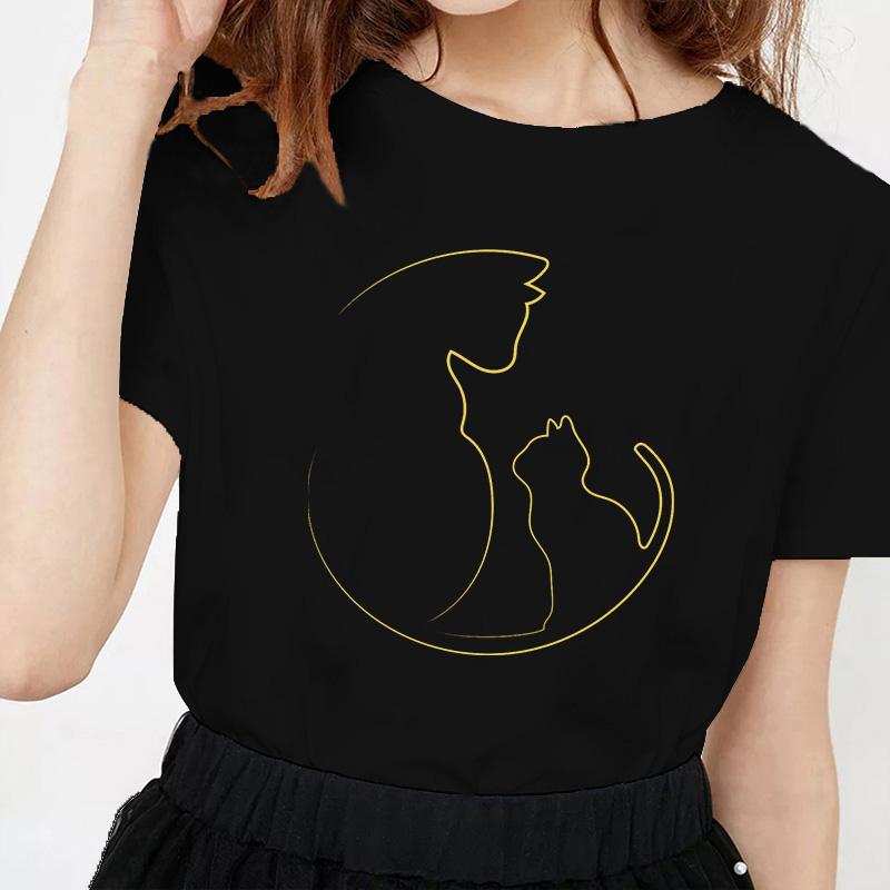 Kawaii Cat Line Drawing Minimalist Print T Shirt Female Harajuku Aesthetic Streetwear Summer Clothes for Women Camisa Masculina
