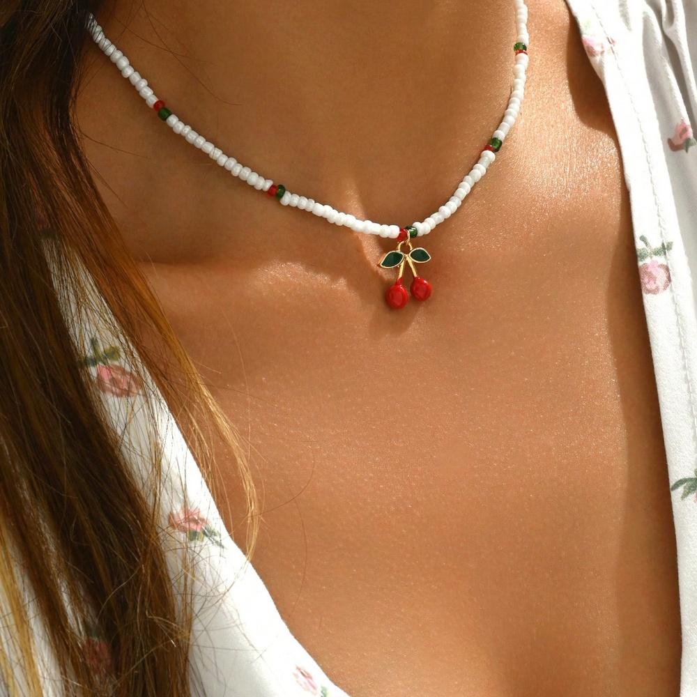 

Bohemia Beaded Red Cherry Necklace for Women Cute Handmade Fruits Seed Bead Transparent Chokers Necklaces Boho Zircon