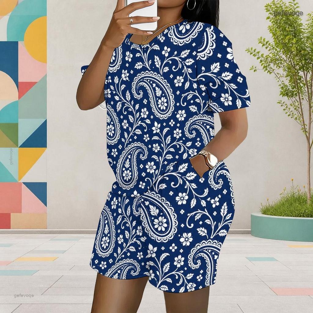 Women Plus Size Blue Green Paisley Printed Round Neck Short Sleeve Top Pocket Shorts Two Piece Set