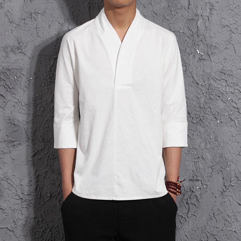 Men's Chinese Cotton-Linen V-Neck Retro Hanfu T-Shirt, Summer Three-Quarter Sleeve, Loose Plus Size