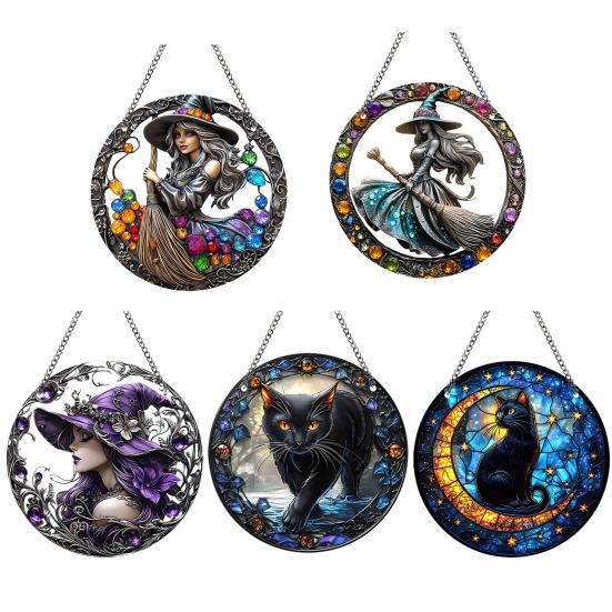 Halloween Witch Black Cat Hanging Sign 2D Flat Acrylic Broom Witch Round Sign Indoor Outdoor Porch Door Hanger Wall Hanging Decoration