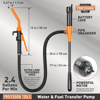 Electric Oil Pump - High Efficiency 2.4GPM, Orange/Blue, Plastic, Manual Flow Control Nozzle, Corrosion-Resistant, with Extension Hose