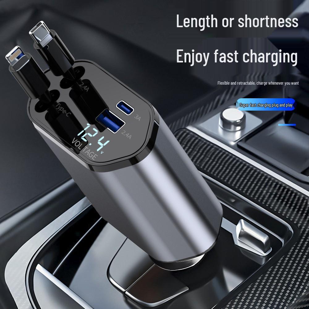 Retractable Four-in-One Car Charger with Starry Sky Light & Alloy Finish for Apple & Huawei