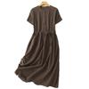 Real Summer New Literary and Loose Solid Color Round Neck Short-sleeved Dress Women's Waist Medium and Long