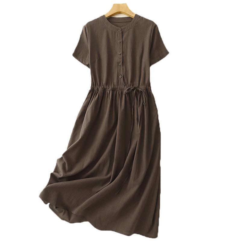 Real Summer New Literary and Loose Solid Color Round Neck Short-sleeved Dress Women's Waist Medium and Long