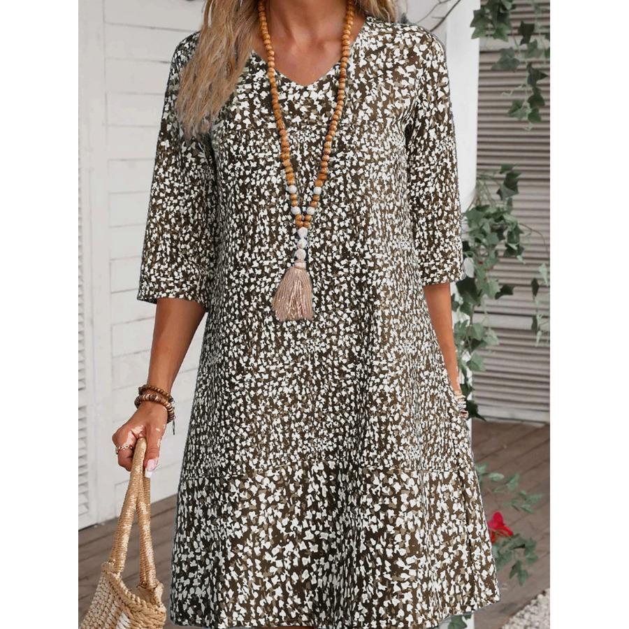 Women's Summer V-neck Half Sleeve Midi Dress Vintage Red Green Loose Floral Print Dresses