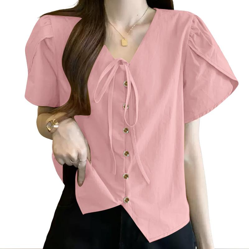 

ZANZEA Women Lace Up V-Neck Loose Casual Short Sleeve Blouse M розовый