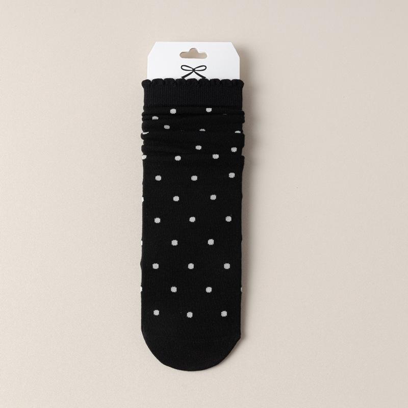 5/10 Pairs Comfortable Casual Polka Dot Socks for Women Mid Calf Socks with Ear Shaped Edges and Polka Dot Lace Breathable Cotton Long Socks