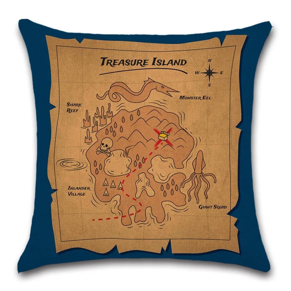 Pirate Treasure Map Magnifier Print Decorative Cushion Cover Polyester Throw Pillow Cover Bedside Cushion Pillowcase 45X45Cm