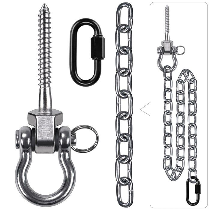 Crochet de balançoire 13 cm inox 304 pivotant avec mousqueton et chaîne 1 m – capacité 1000 lb