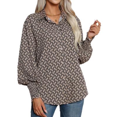 Geometrik Baskılı Fener Kollu Bluz Kadın Yaka Yaka Bol Uzun Kollu Gömlek