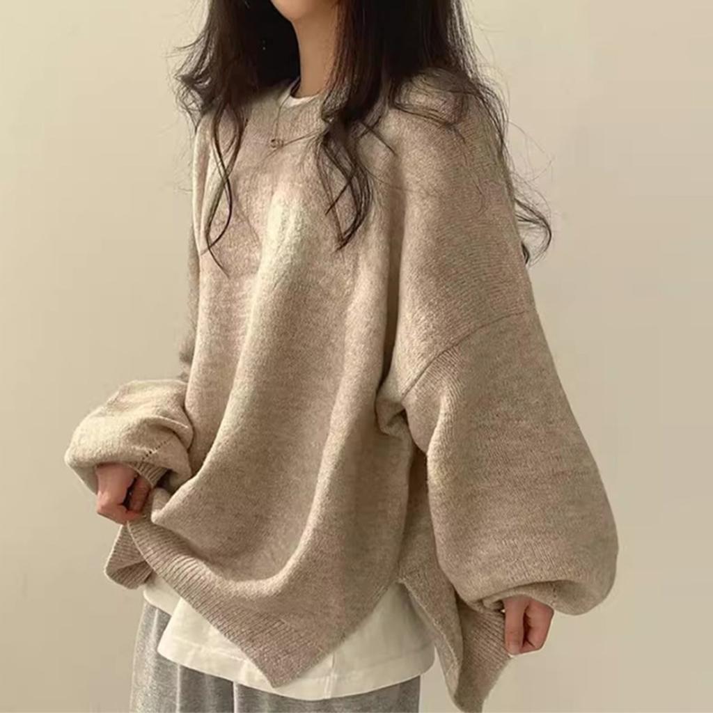 Women's Crew Neck Long Sleeve Knit Sweaters Tops Loose Fit Casual Solid Pullover Jumpers