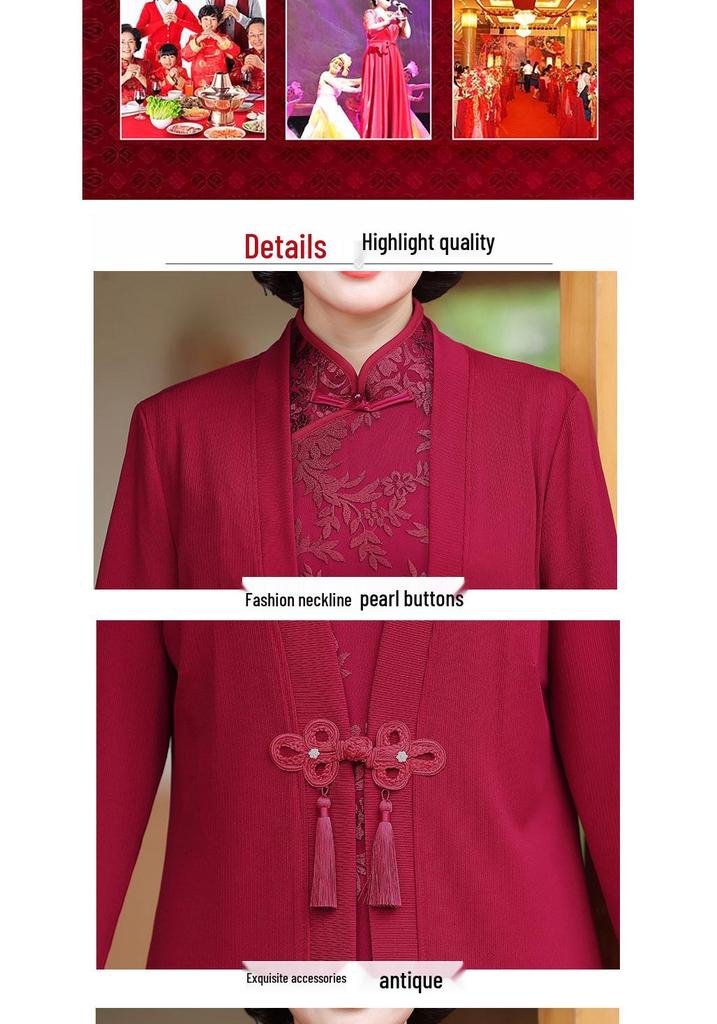 Elegant Midi-Length Two-Piece Cheongsam Dress for Mothers-in-Law - Spring/Autumn Style
