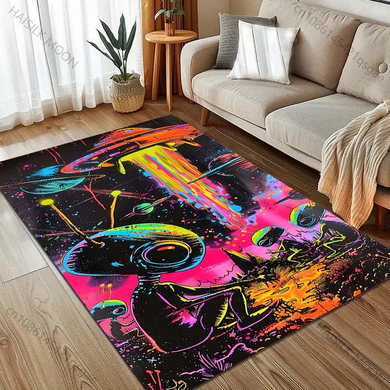 1PC Aliens and UFO Printed Carpet for Bedroom Living Room Bedside Sofa Floor Mat Modern Home Decor Area Rug Machine Wash